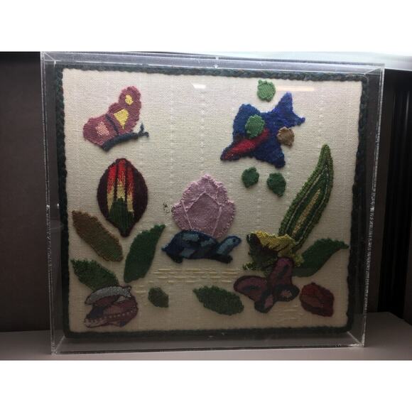 Large Crewel Embroidery Scene Appliqued onto Aida Cloth...